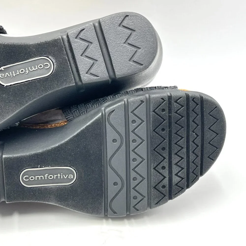 Comfortiva Womens Size‎ 6.5 Black Leather Textile Woven Wedges Sandals Shoes
